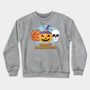 Happy Basketball Halloween - Spooky Skull and Pumpkin Crewneck Sweatshirt